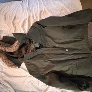 Gallery Green Military Field Coat with Fur-Trimmed Hood